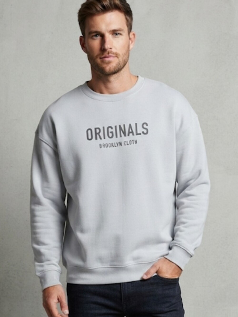 Originals Brooklyn Cloth Gray Fleece Crewneck Pullover Loose Fit Sweatshirt Med